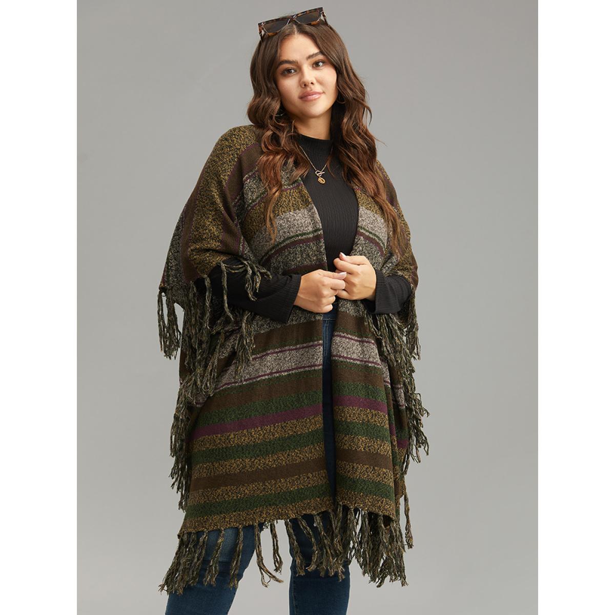 Plus Size Contrast Striped Fringe Trim Drape Cardigan Multicolor Women Casual Loose Sleeveless Everyday Cardigans BloomChic 26/4X Product Image