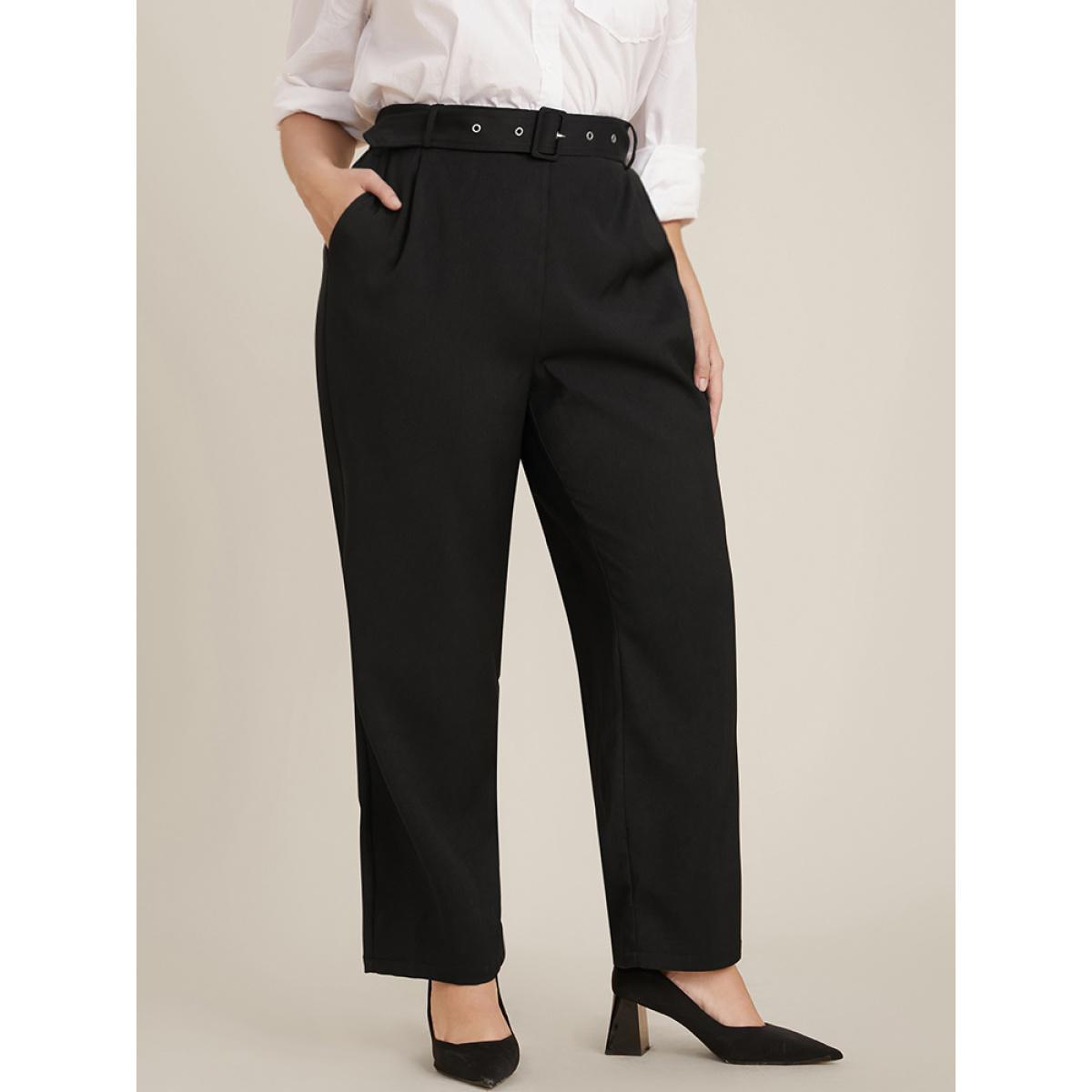 Plus Size Solid Mid Rise Pocket Belted Pants Women Black Office Mid Rise Work Pants BloomChic 10/M Product Image