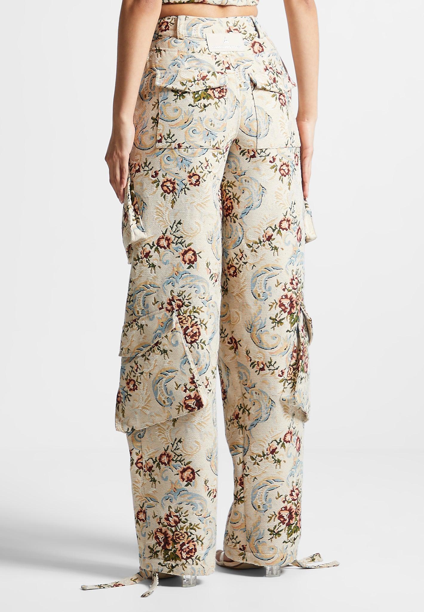 Floral Jacquard High Waisted Cargo Pants - Beige Female Product Image