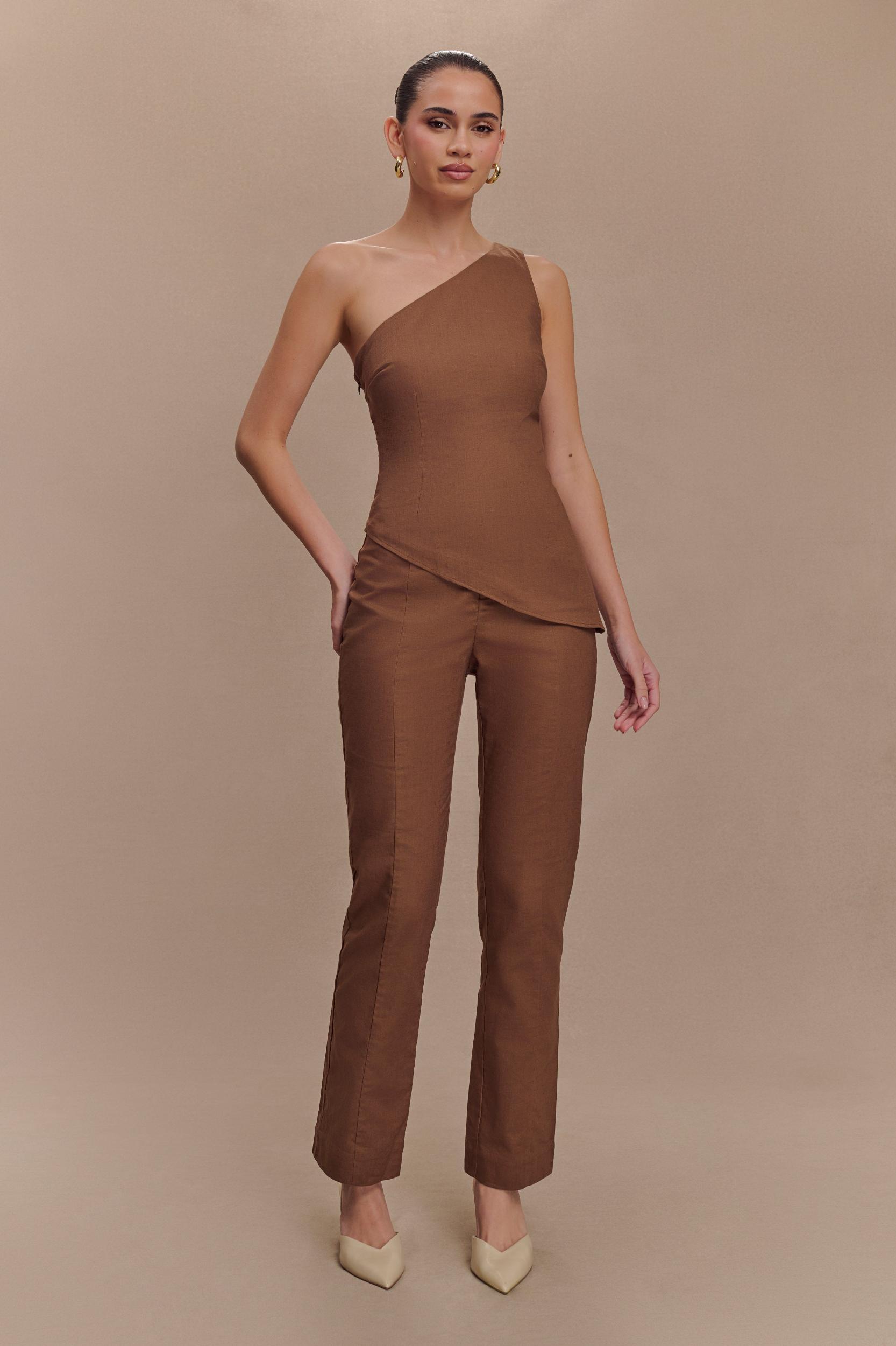 Dora Linen One Shoulder Top - Cacao Brown Product Image