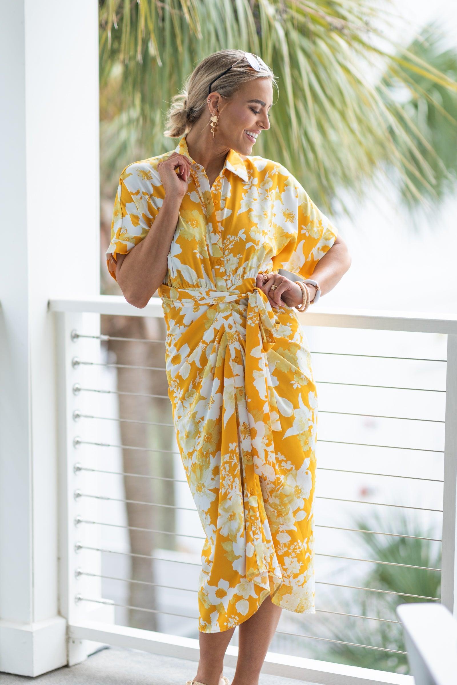 Yellow Floral Tie Waist Collared Midi Dress Product Image