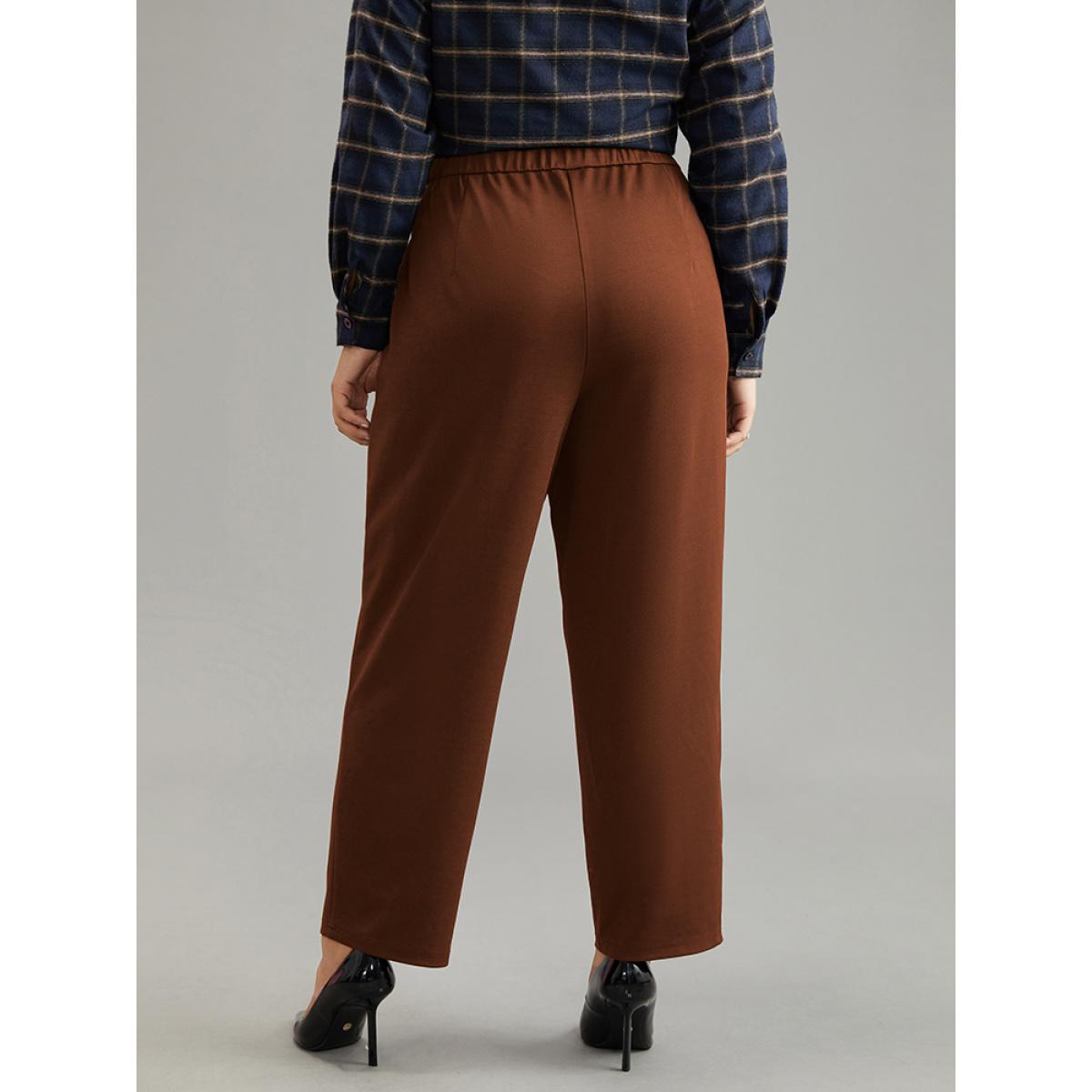 Plus Size Plain Elastic Waist Pocket Mid Rise Pants Women DarkBrown Office Mid Rise Work Pants BloomChic 10/M Product Image