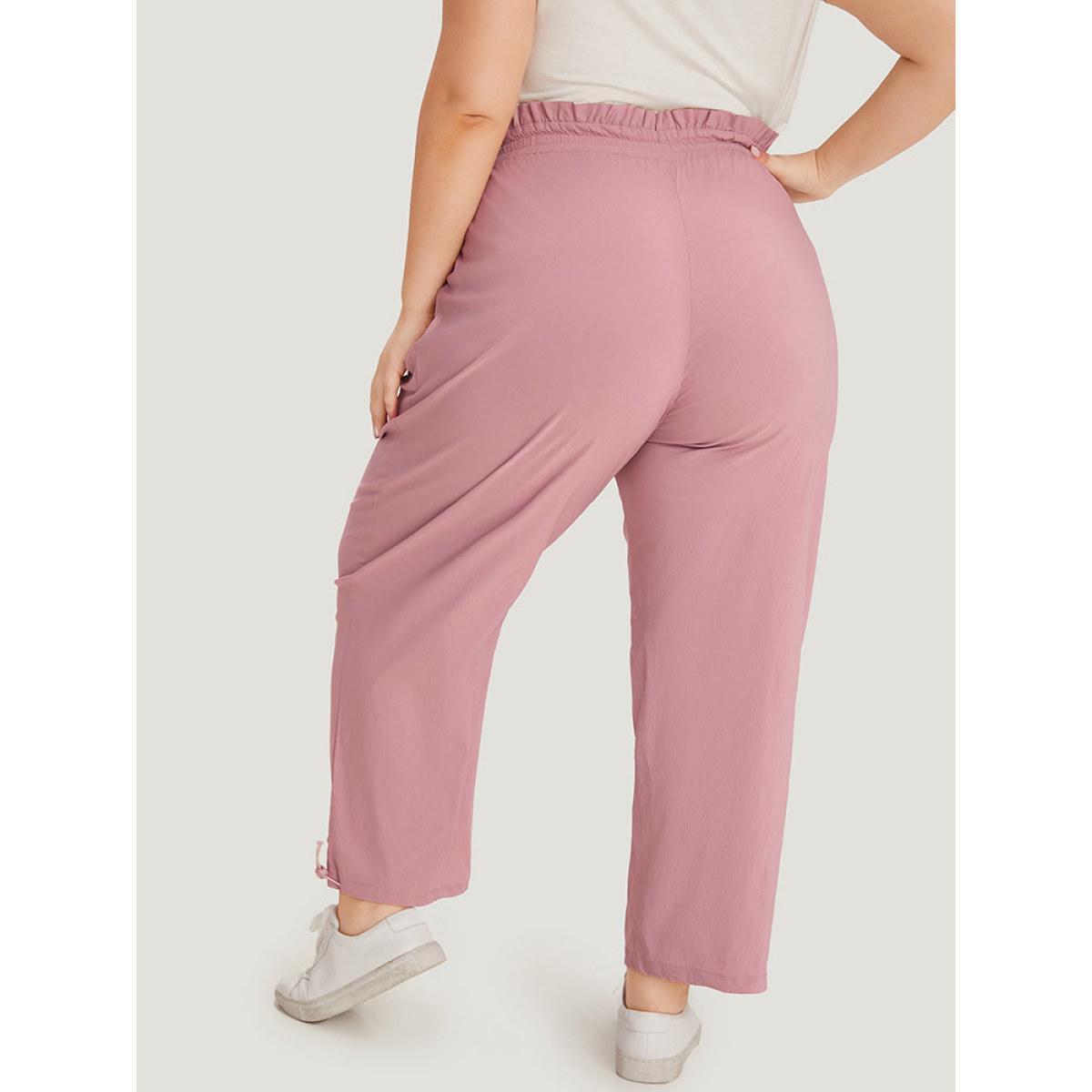 Plus Size Plain Paperbag Waist Drawstring Hem Slant Pocket Pants Women Rouge Casual High Rise Dailywear Pants BloomChic 22-24/3X Product Image