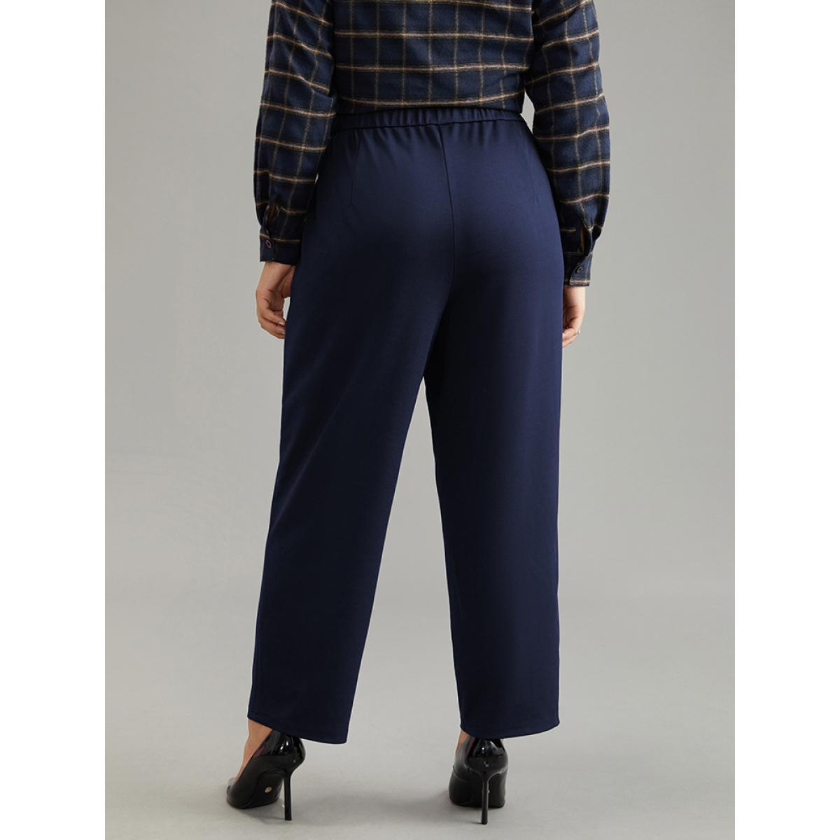 Plus Size Plain Elastic Waist Pocket Mid Rise Pants Women Indigo Office Mid Rise Work Pants BloomChic 30/6X Product Image