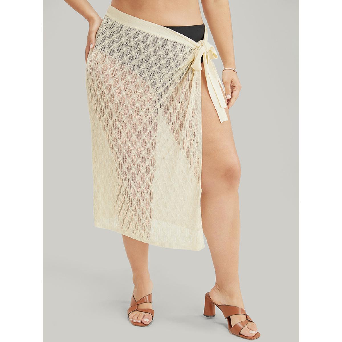 Plus Size Plain Argyle Knot Side Knit Skirt Women Beige Vacation Medium stretch Going out Skirts BloomChic 22-24/3X Product Image