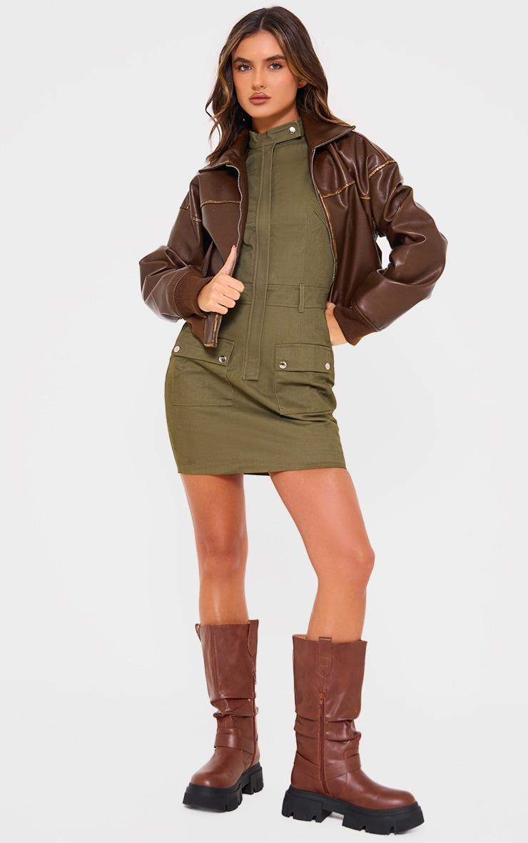 Khaki Premium Cargo Twill Pocket Detail Bodycon Dress Product Image