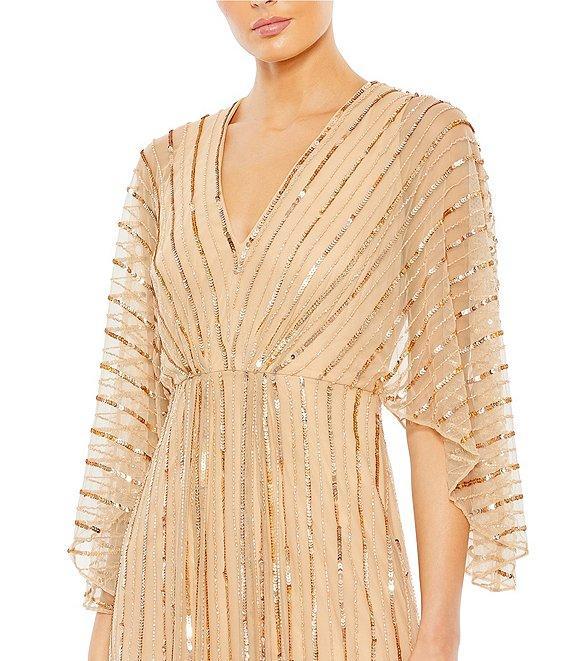Mac Duggal Beaded Stripe 3/4 Kimono Sleeve V-Neck Gown Product Image