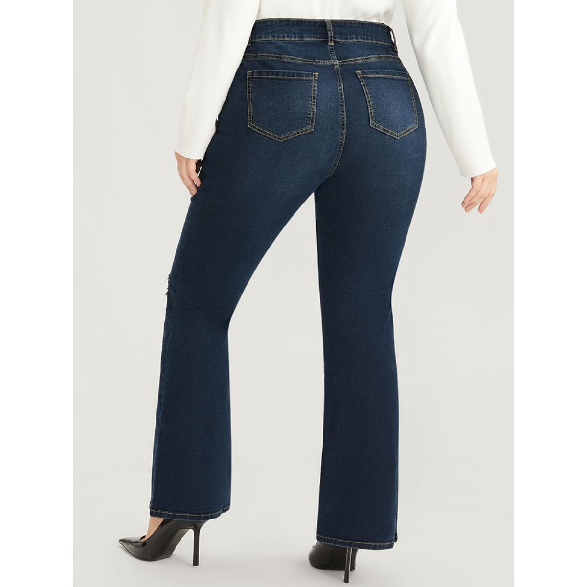 Plus Size Bootcut Slightly Stretchy High Rise Dark Wash Distressed Jeans Women DarkBlue Casual Plain Plain Low stretch Pocket Jeans BloomChic 26/4X Product Image