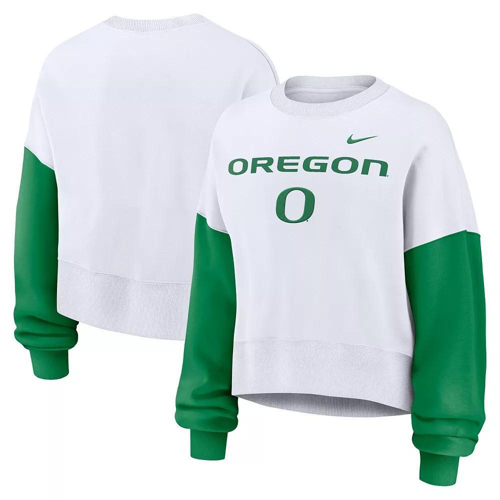 Women's Nike White Oregon Ducks Color-Block Oversized Cropped Pullover Sweatshirt, Size: XL Product Image
