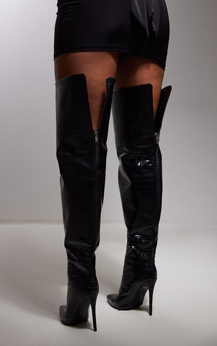 Black Croc PU Pointed High Heel Over The Knee Boots Product Image