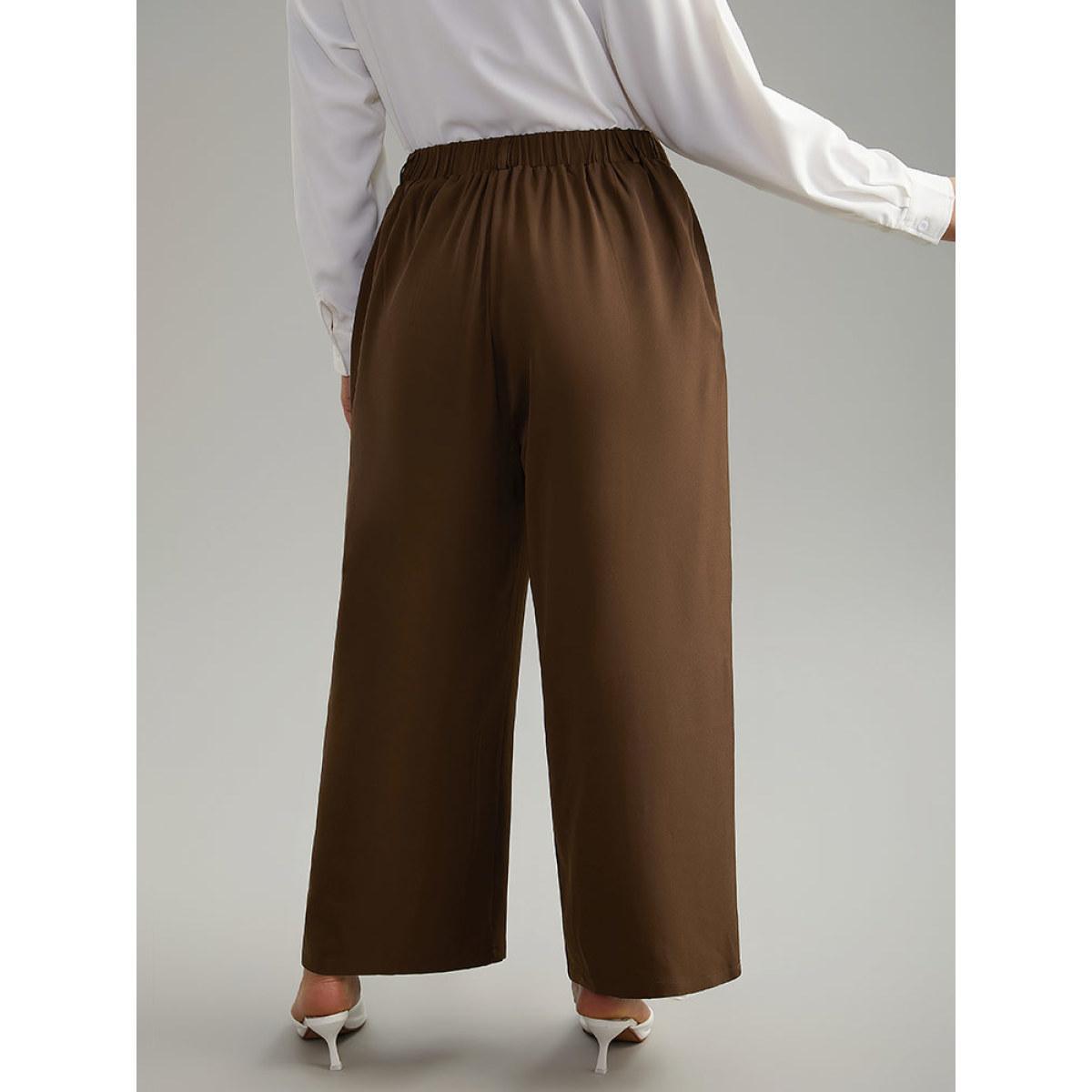 Plus Size Static-Free Plain Pocket Pleated Pants Women DarkBrown Office Straight Leg High Rise Work Pants BloomChic 10/M Product Image