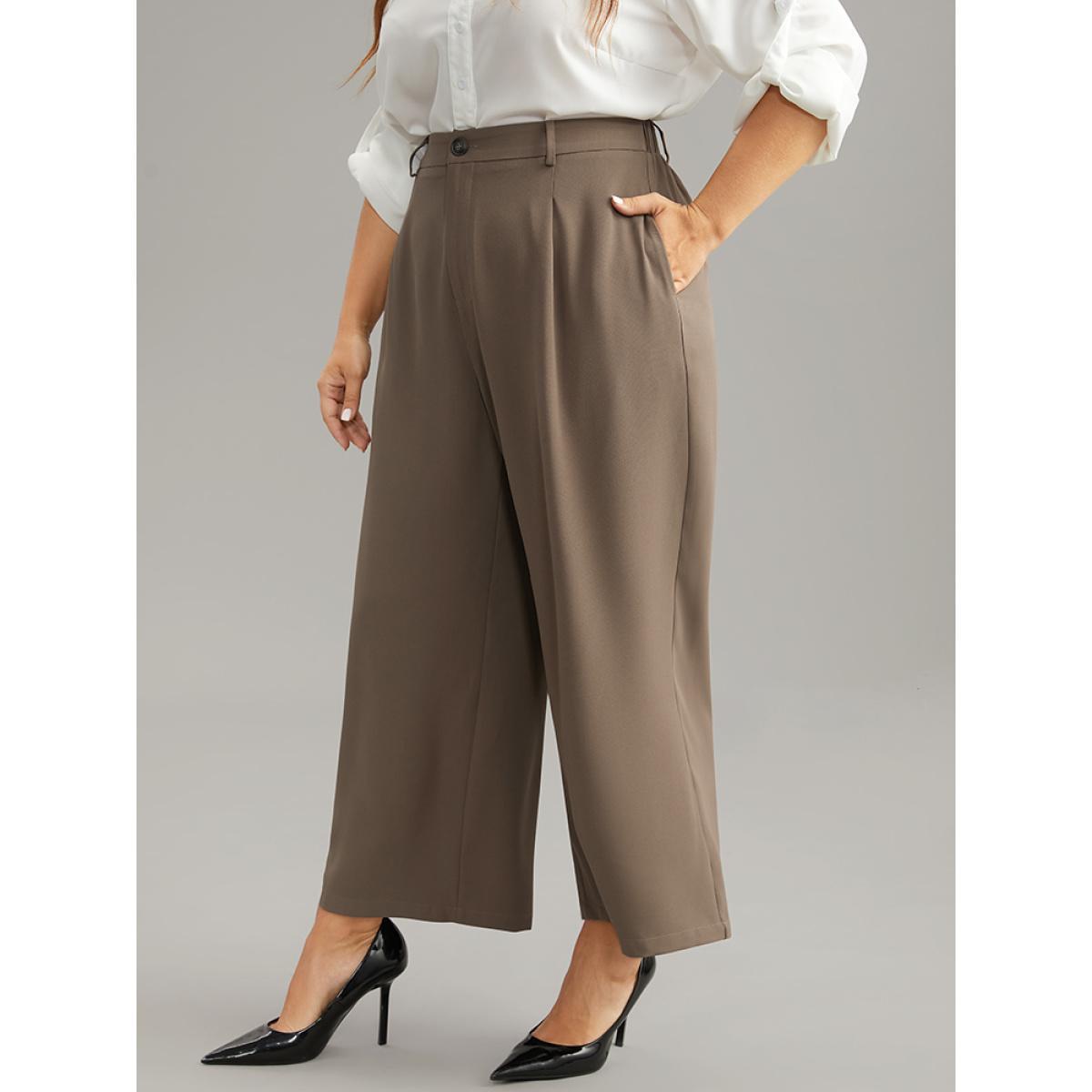 Plus Size Plain Plicated Detail Straight Leg Pants Women DarkBrown Office Wide Leg High Rise Work Pants BloomChic 12/L Product Image