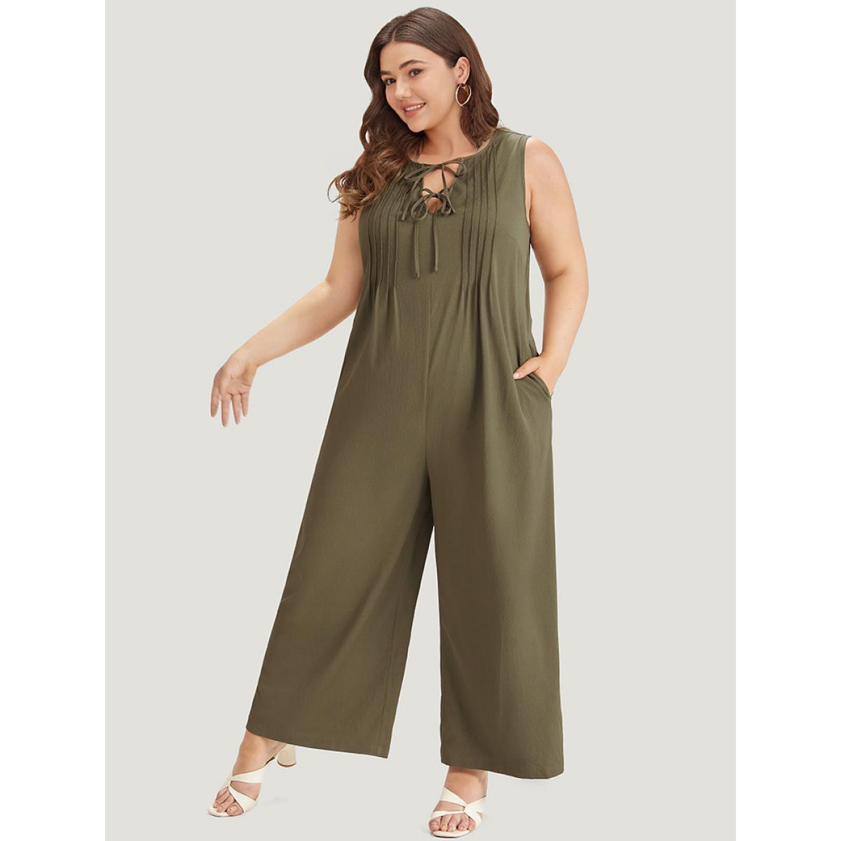 Plus Size Olive Plain Knot Neck Pocket Plicated Detail Tank Jumpsuit Women Casual Sleeveless Tie Neck Dailywear Loose Jumpsuits BloomChic 22-24/3X Product Image
