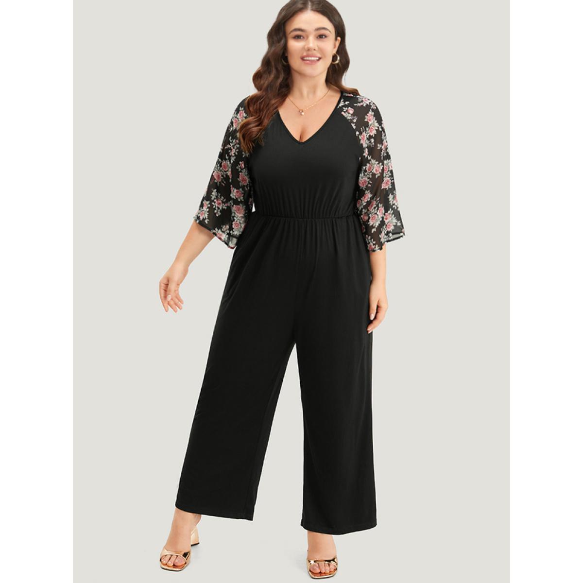 Plus Size BlackFlower Floral Print Ruffles V Neck Raglan Sleeve Jumpsuit Women Elegant Elbow-length sleeve V-neck Dailywear Loose Jumpsuits BloomChic 18-20/2X Product Image