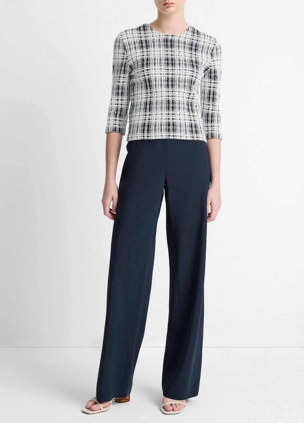 Womens Boucl Plaid Cotton-Blend Elbow-Sleeve Sweater, Coastal Blue/off White, Size M Vince Product Image