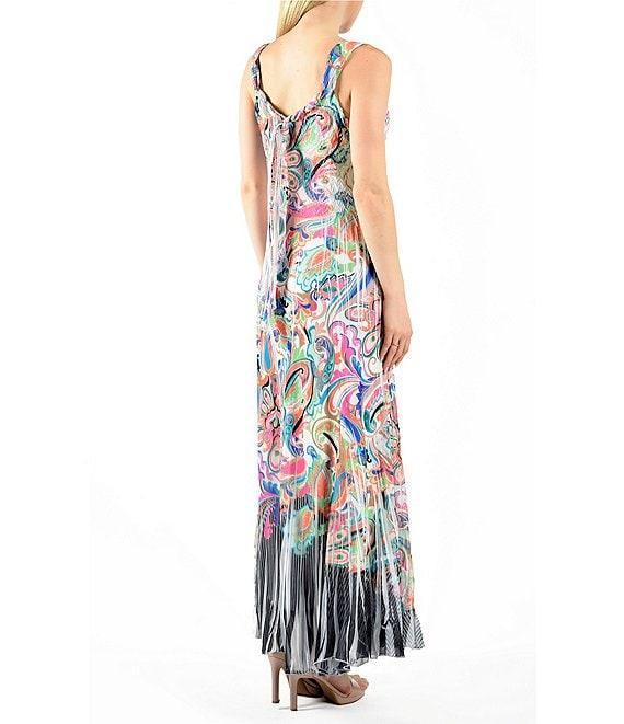 Komarov Chiffon Charmeuse Pyramid Pleated Paisley Print Scoop Neck Sleeveless Dress Product Image