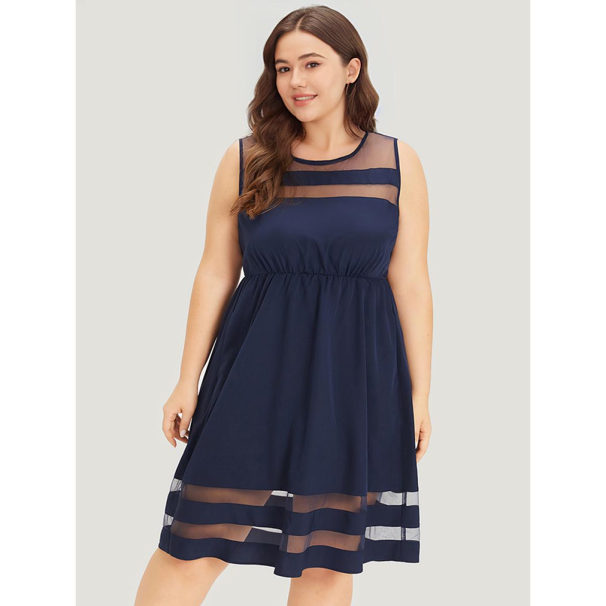 Plus Size Mesh Patchwork Pocket Elastic Waist Gathered Tank Dress DarkBlue Women Elegant Gathered Round Neck Sleeveless Curvy Knee Dress BloomChic 30/6X Product Image