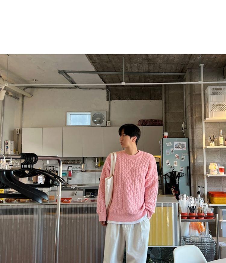 Crew Neck Plain Cable-Knit Sweater Product Image