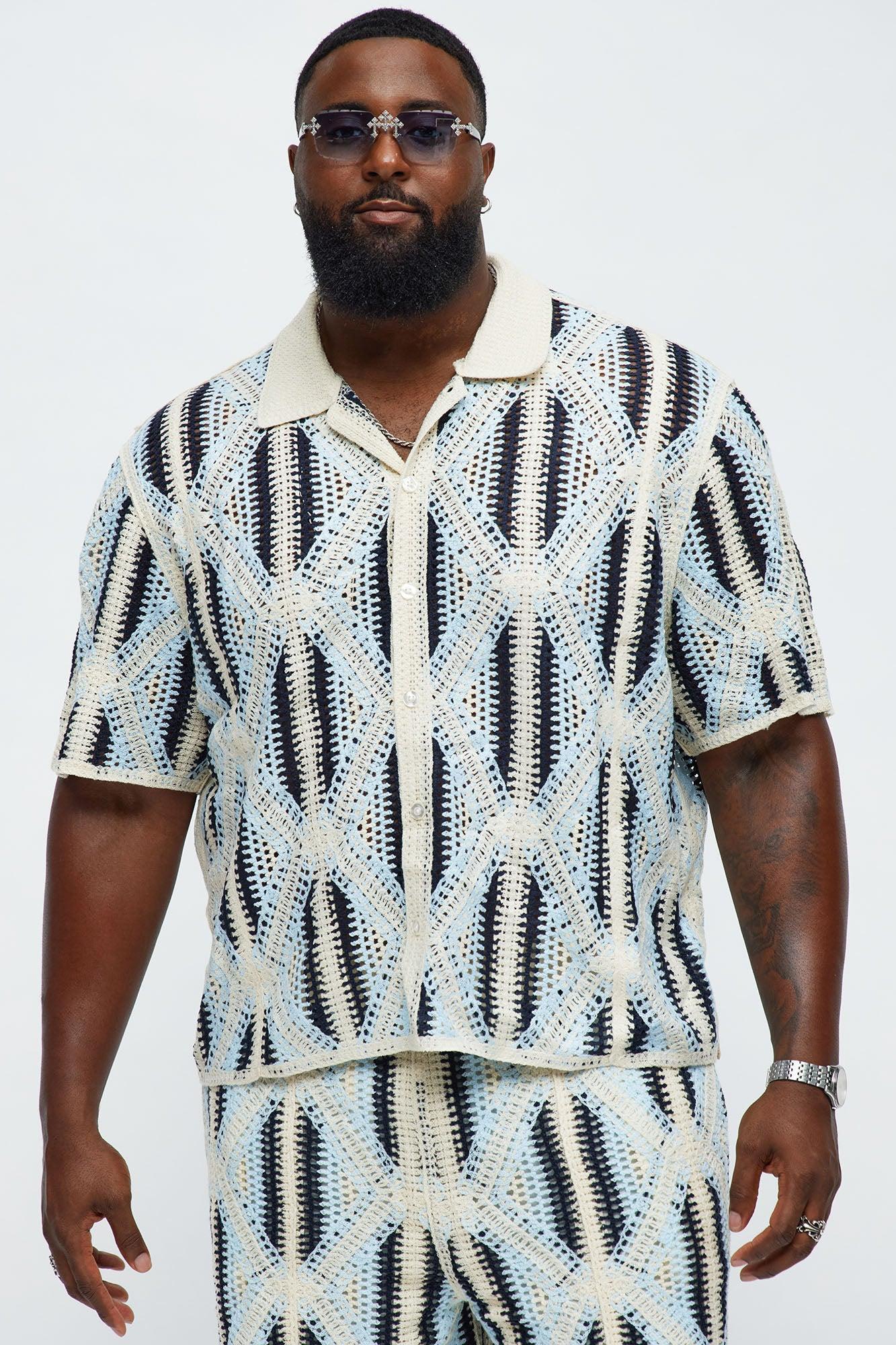 Cropped Relaxed Triangles Knit Closed Collar Shirt - Blue/combo Product Image