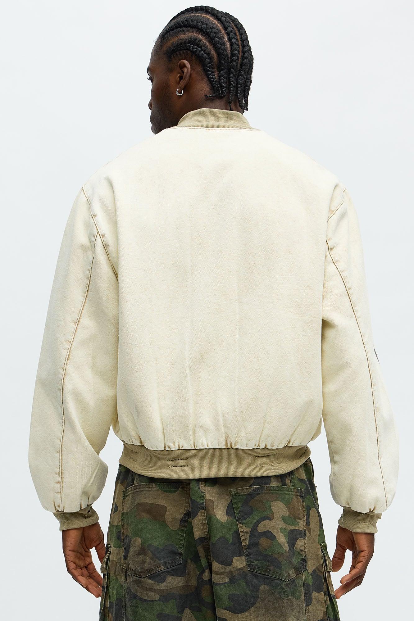 Oversized Studded Saint Utility Bomber Jacket - Stone/Combo Product Image