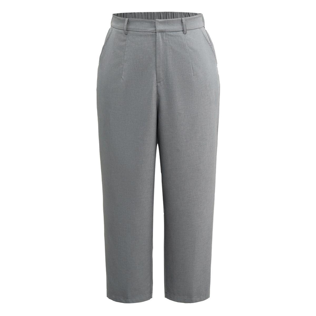 Plus Size Plain Heather Texture Elastic Waist Pocket Pants Women Gray Office High Rise Work Pants BloomChic 14-16/1X Product Image