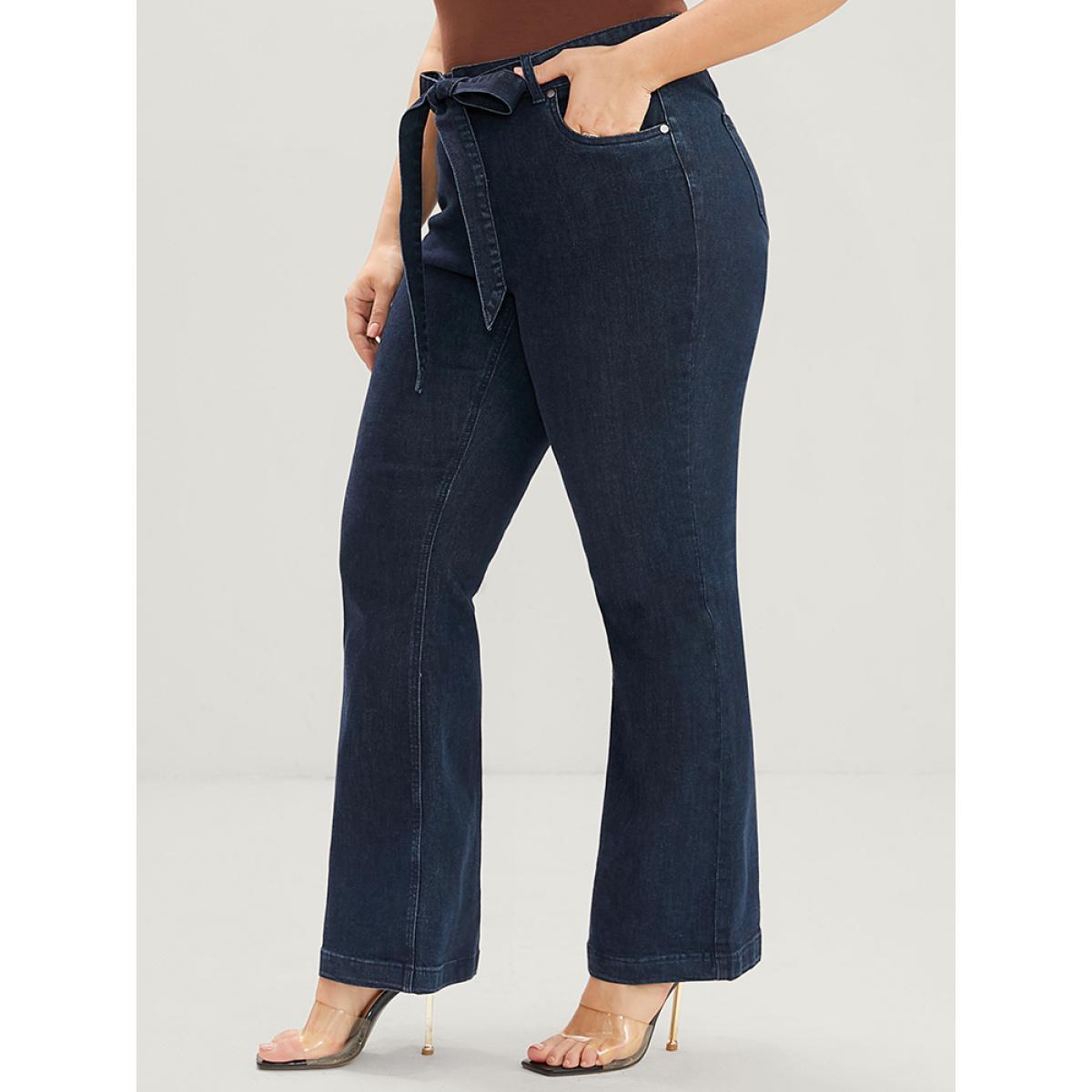 Plus Size Bootcut Slightly Stretchy High Rise Dark Wash Belted Jeans Women Indigo Elegant Plain Plain Low stretch Pocket Jeans BloomChic 22/3X Product Image