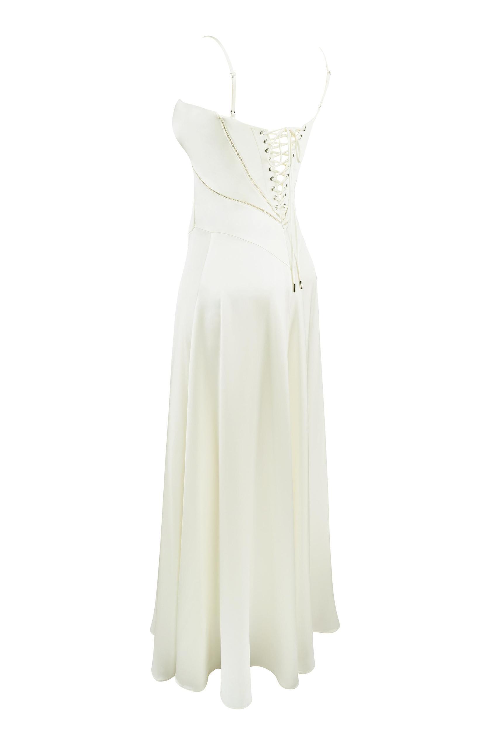 Anabella Ivory Satin Lace Up Maxi Dress Product Image