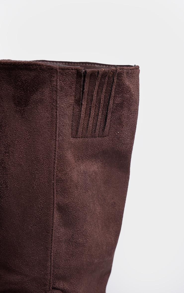 Chocolate Faux Suede Point Toe Knee High Heeled Boots Product Image