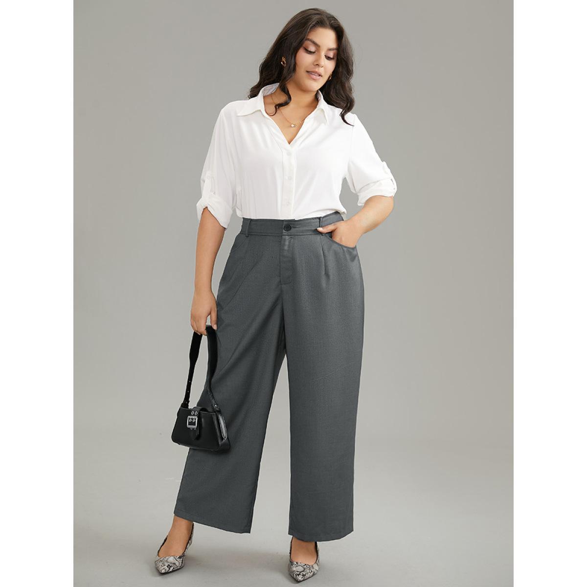 Plus Size Plain Pockec Straight Leg Zipper Fly Pants Women DimGray Office Straight Leg High Rise Work Pants BloomChic 30/6X Product Image