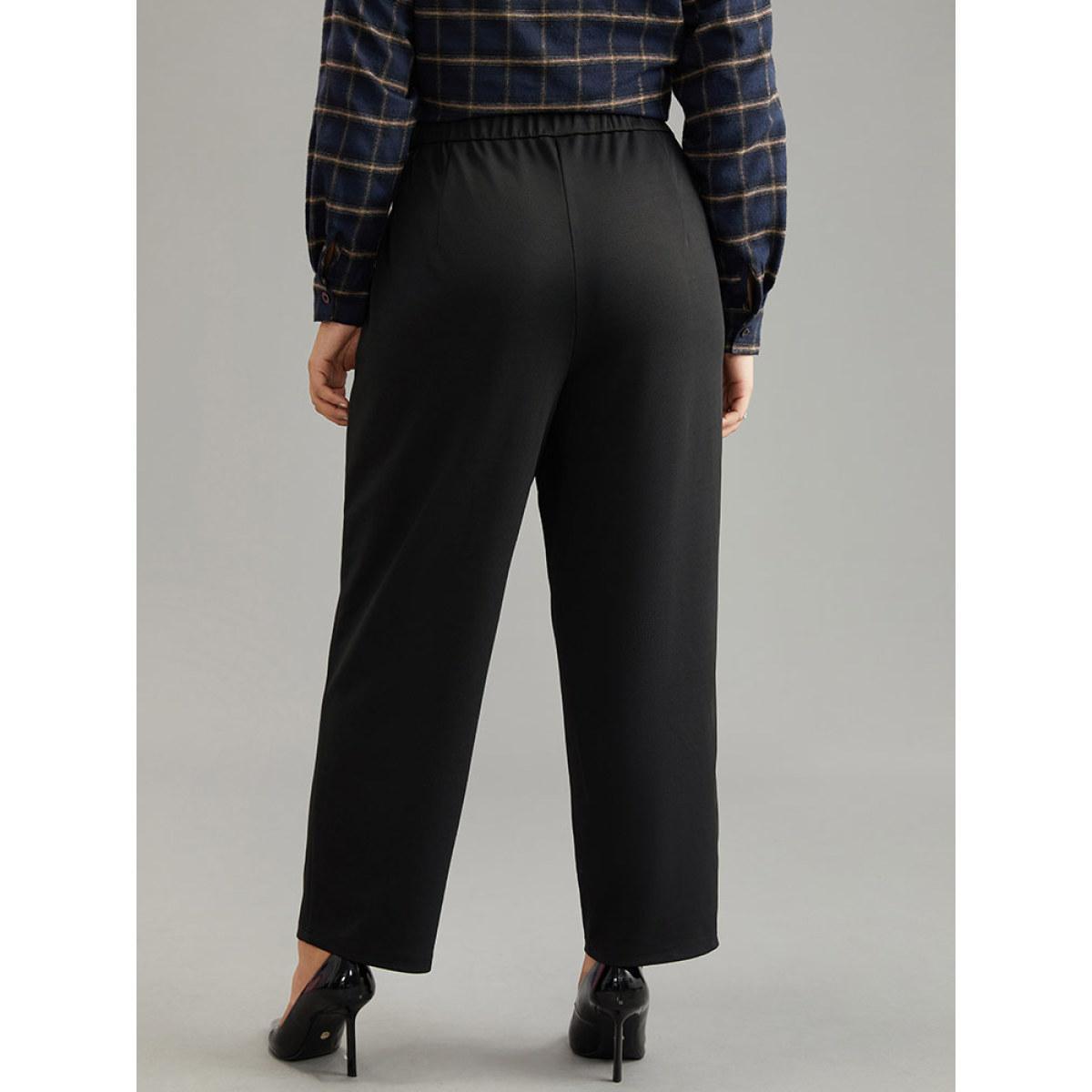 Plus Size Plain Elastic Waist Pocket Mid Rise Pants Women Black Office Mid Rise Work Pants BloomChic 22-24/3X Product Image