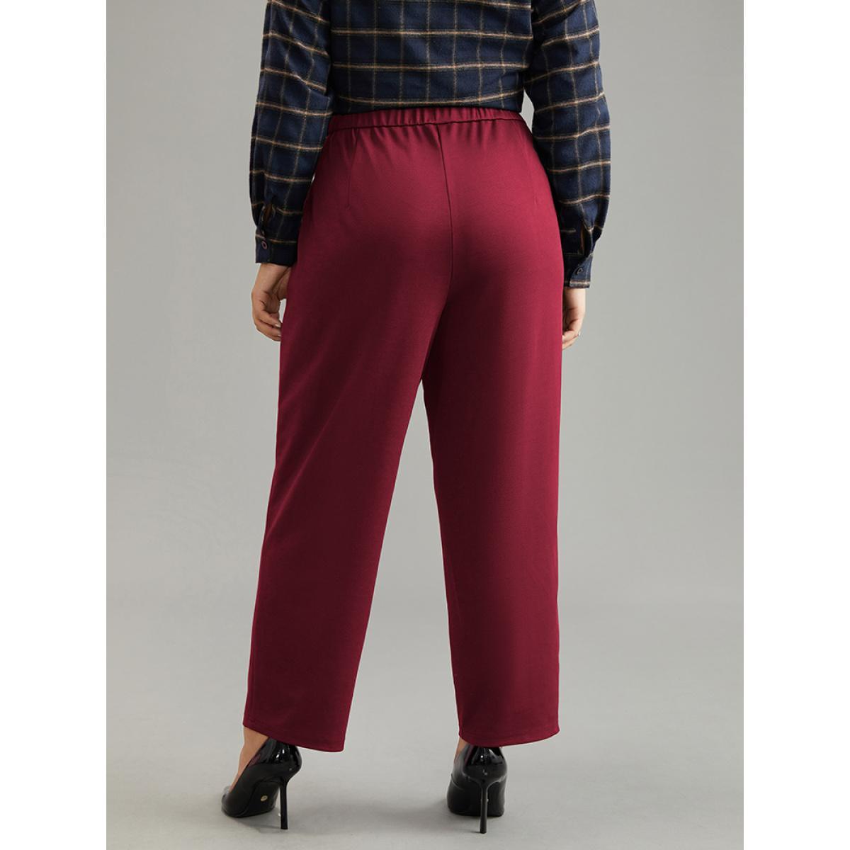 Plus Size Plain Elastic Waist Pocket Mid Rise Pants Women Scarlet Office Mid Rise Work Pants BloomChic 14-16/1X Product Image
