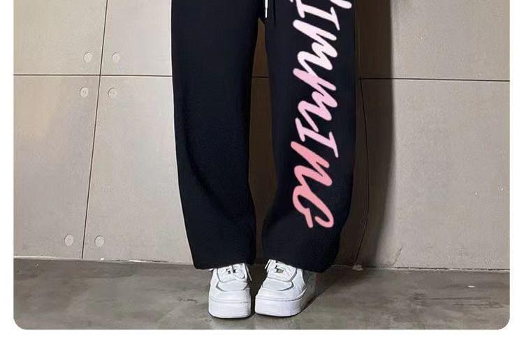 Drawstring Waist Lettering Wide Leg Sweatpants Product Image