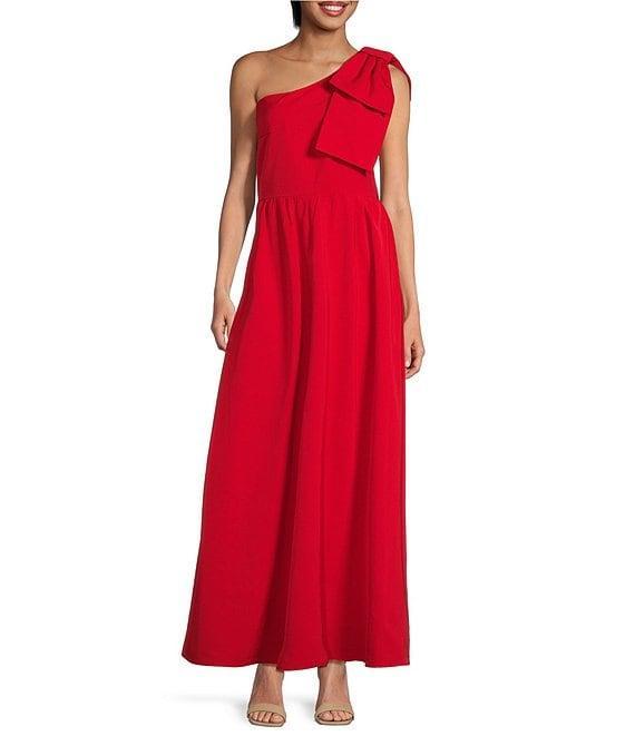 Abbey Glass Caroline Organza Asymmetrical Neck Sleeveless Bow One Shoulder Bow Pocketed A-Line Gown Product Image