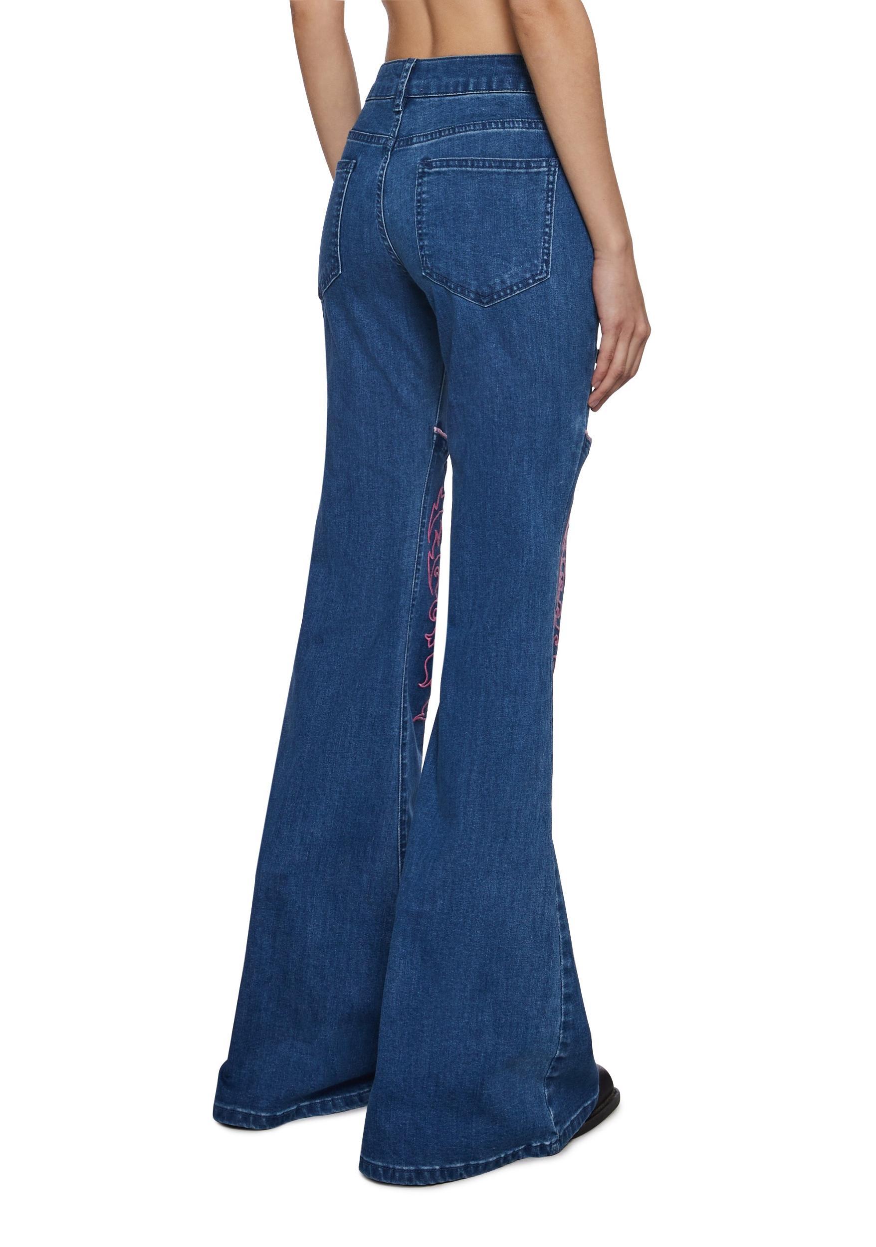 Womens Denim Flared Pants Jeans With Embroidery Sugar Thrillz - Blue Product Image