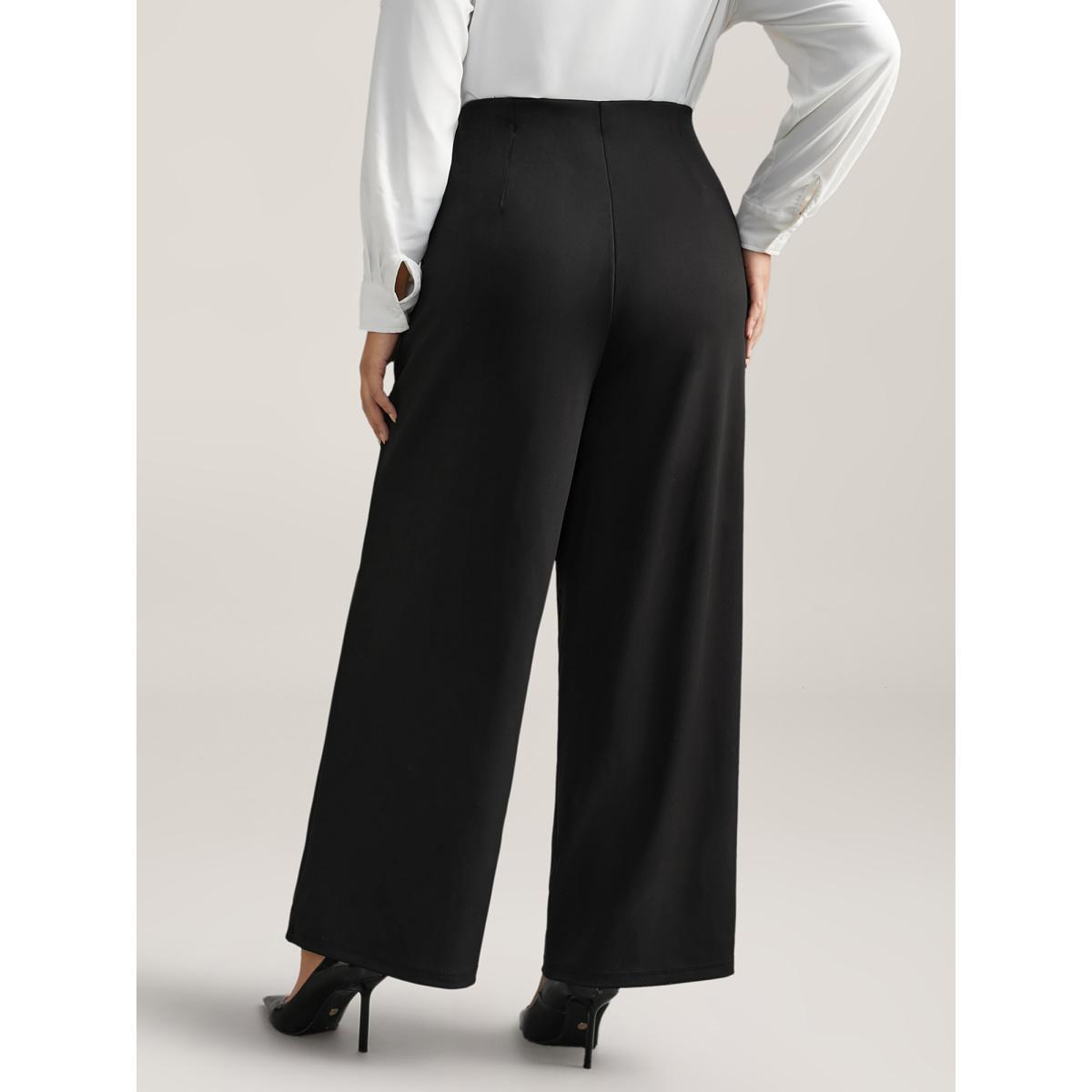 Plus Size Solid Elastic Waist Pleated Wide Leg Pants Women Black At the Office Wide Leg Mid Rise Work Pants BloomChic 18-20/2X Product Image