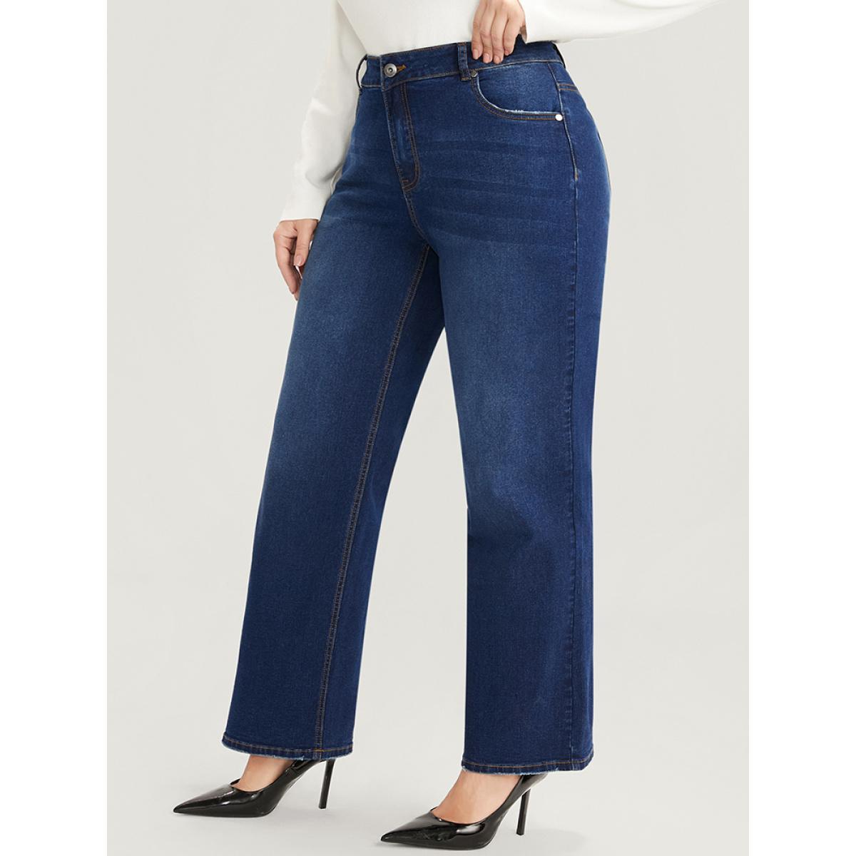 Plus Size Straight Slightly Stretchy High Rise Dark Wash Pocket Full Jeans Women DarkBlue Casual Plain Button Low stretch Pocket Jeans BloomChic 20/2X Product Image