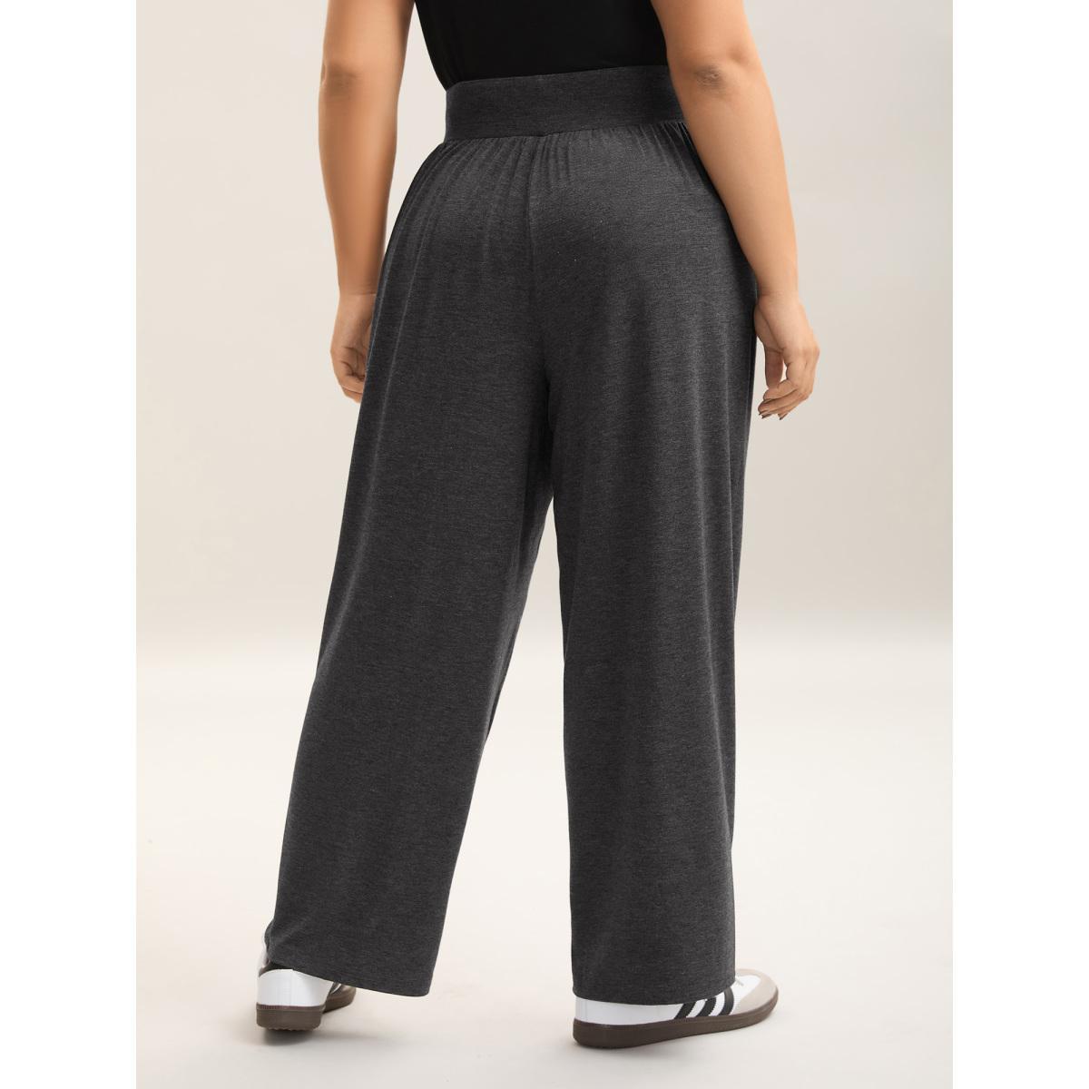 Plus Size Mixed Color Wide Waistband Pants Women DimGray Casual Wide Leg Mid Rise Everyday Pants BloomChic 14-16/1X Product Image