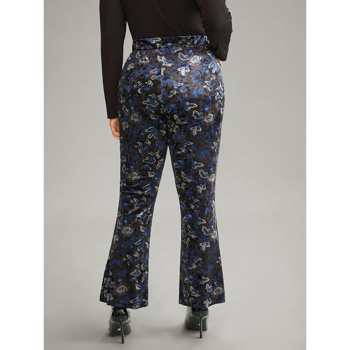 Plus Size Velvet Floral Elastic Waist High Rise Bootcut Pants Women Black Elegant Bootcut High Rise Dailywear Pants BloomChic 12/L Product Image
