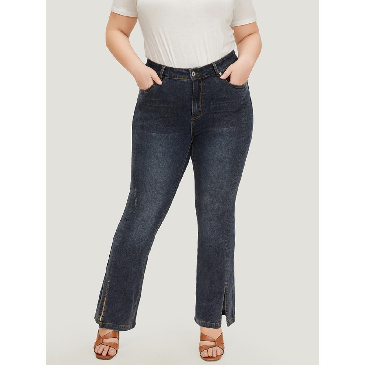 Plus Size Very Stretchy Split Hem Medium Wash Jeans Women Indigo Casual Plain Slit High stretch Pocket Jeans BloomChic 28/5X Product Image
