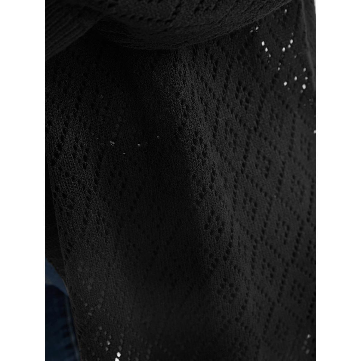 Plus Size Plain Pointelle Knit Argyle Eyelet Asymmetrical Open Front Cardigan Black Women Casual Loose Long Sleeve Dailywear Cardigans BloomChic 10/M Product Image