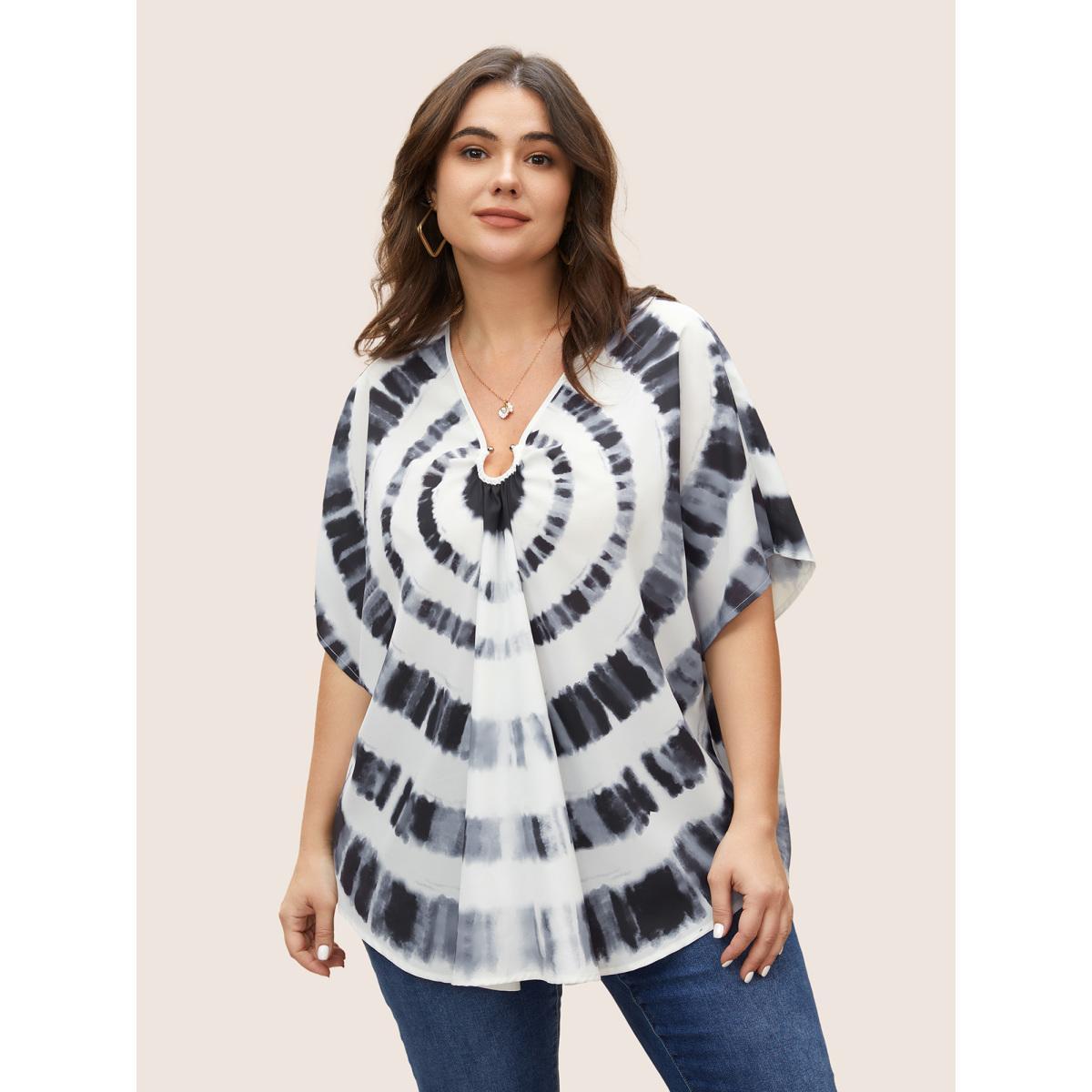 Plus Size Black Tie Dye Metal Detail Batwing Sleeve Blouse Women Casual Half Sleeve V-neck Everyday Blouses BloomChic 14-16/1X Product Image