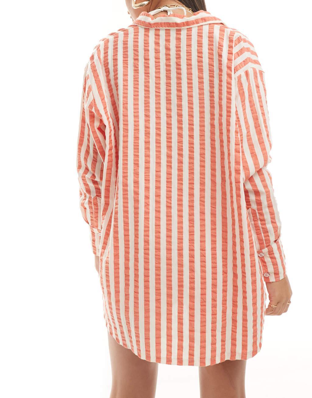 ASOS DESIGN seersucker beach shirt in red stripe - part of a set Product Image