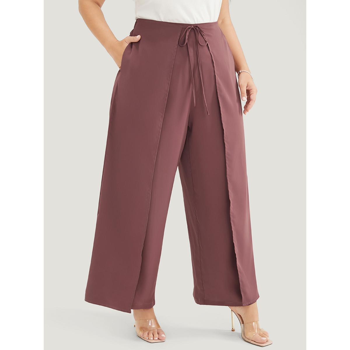 Plus Size Solid Pocket Cape Detail Ties Pants Women Mauve Elegant Mid Rise Dailywear Pants BloomChic 30/6X Product Image