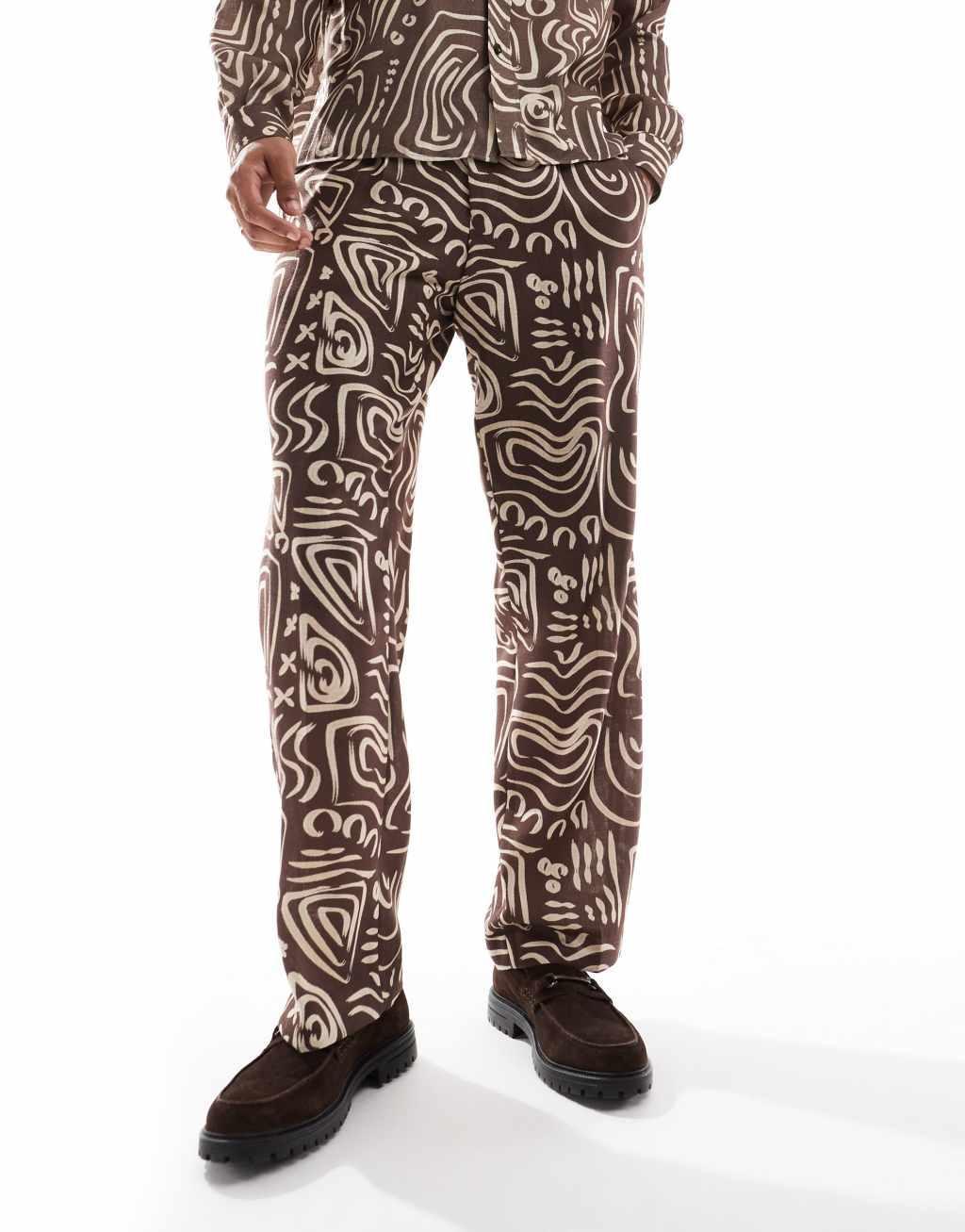 Viggo relaxed tailored pants in dark brown abstract print - part of a set Product Image