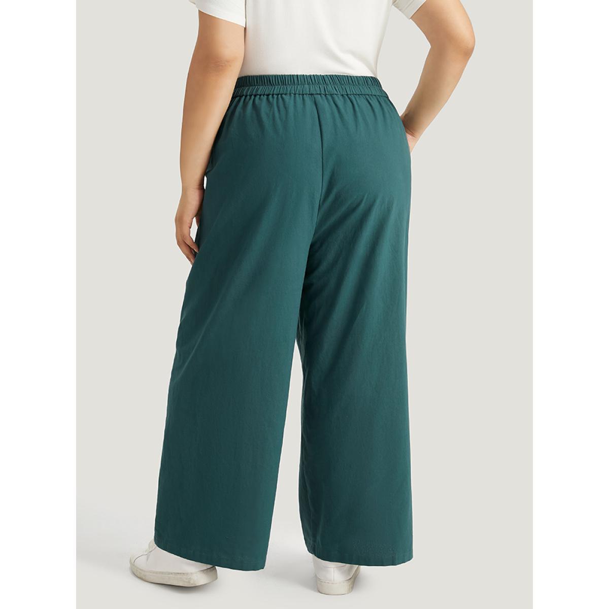 Plus Size Plain Pocket Elastic Waist Plicated Detail Pants Women Cyan Casual Straight Leg High Rise Everyday Pants BloomChic 12/L Product Image