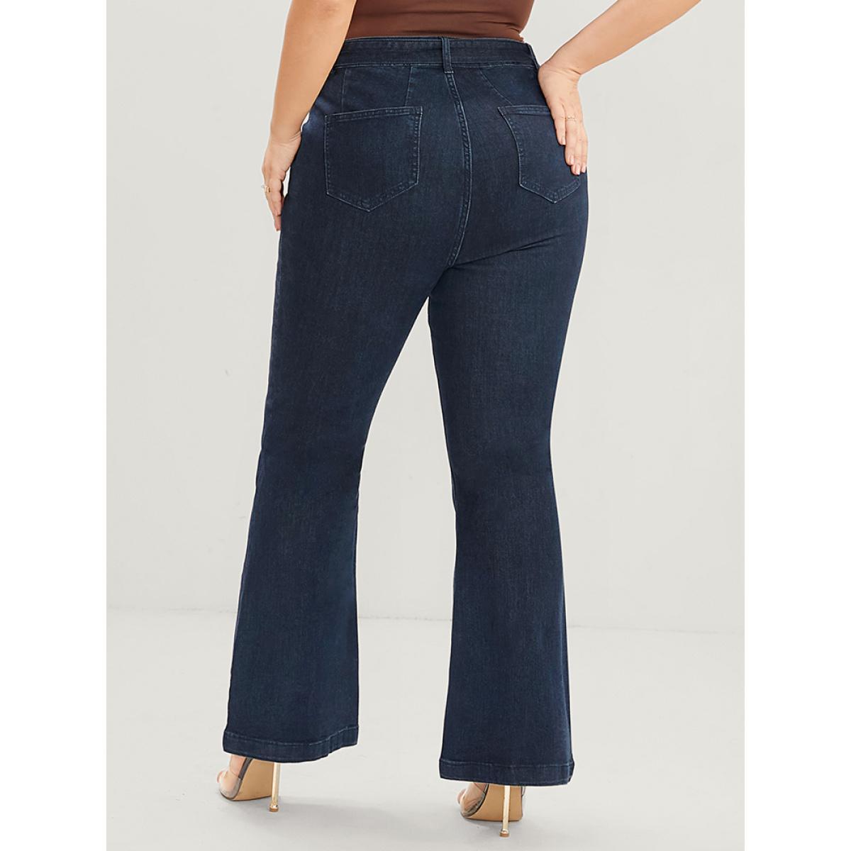 Plus Size Bootcut Slightly Stretchy High Rise Dark Wash Belted Jeans Women Indigo Elegant Plain Plain Low stretch Pocket Jeans BloomChic 22/3X Product Image