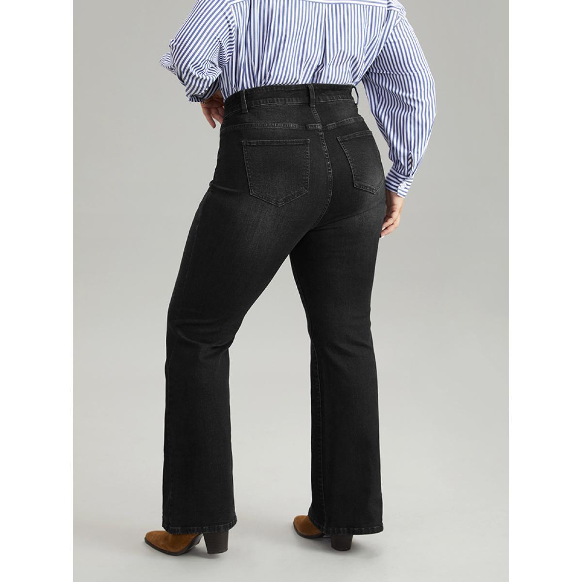 Plus Size Flare Leg Button Detail High Rise Jeans Women Black Casual Plain Non High stretch Slanted pocket Jeans BloomChic 14/1X Product Image