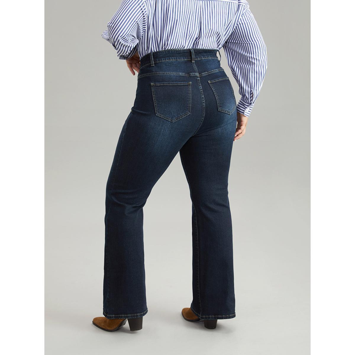 Plus Size Flare Leg Button Detail High Rise Jeans Women Indigo Casual Plain Non High stretch Slanted pocket Jeans BloomChic 20/2X Product Image