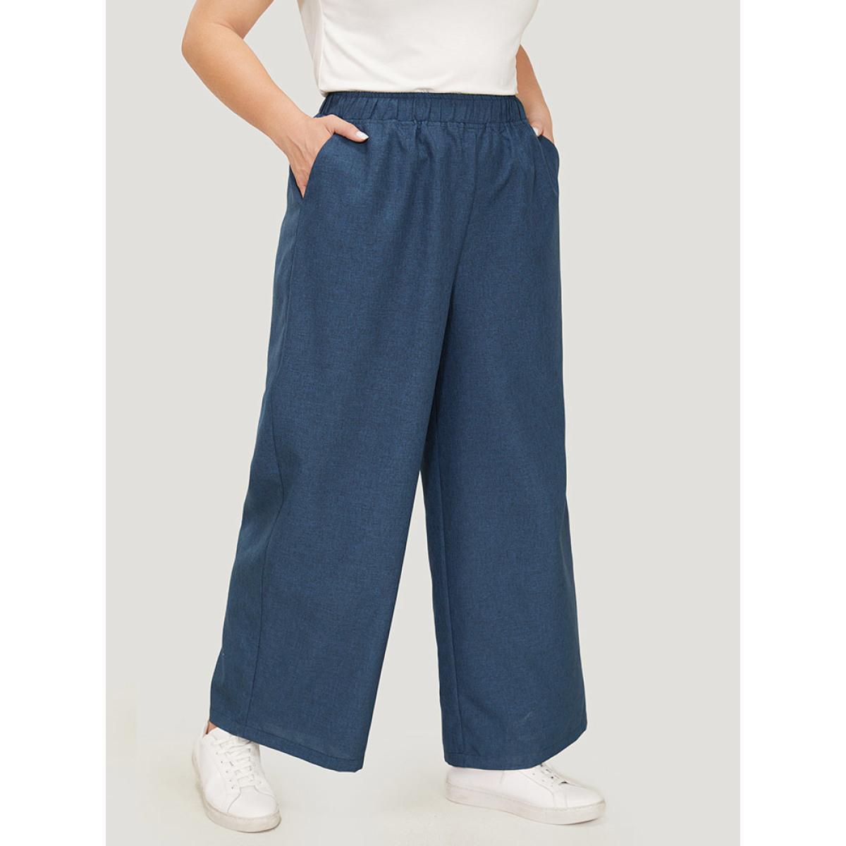 Plus Size Solid Button Detail Wide Leg Pants Women Black Workwear Essentials Wide Leg High Rise Work Pants BloomChic 28/5X Product Image