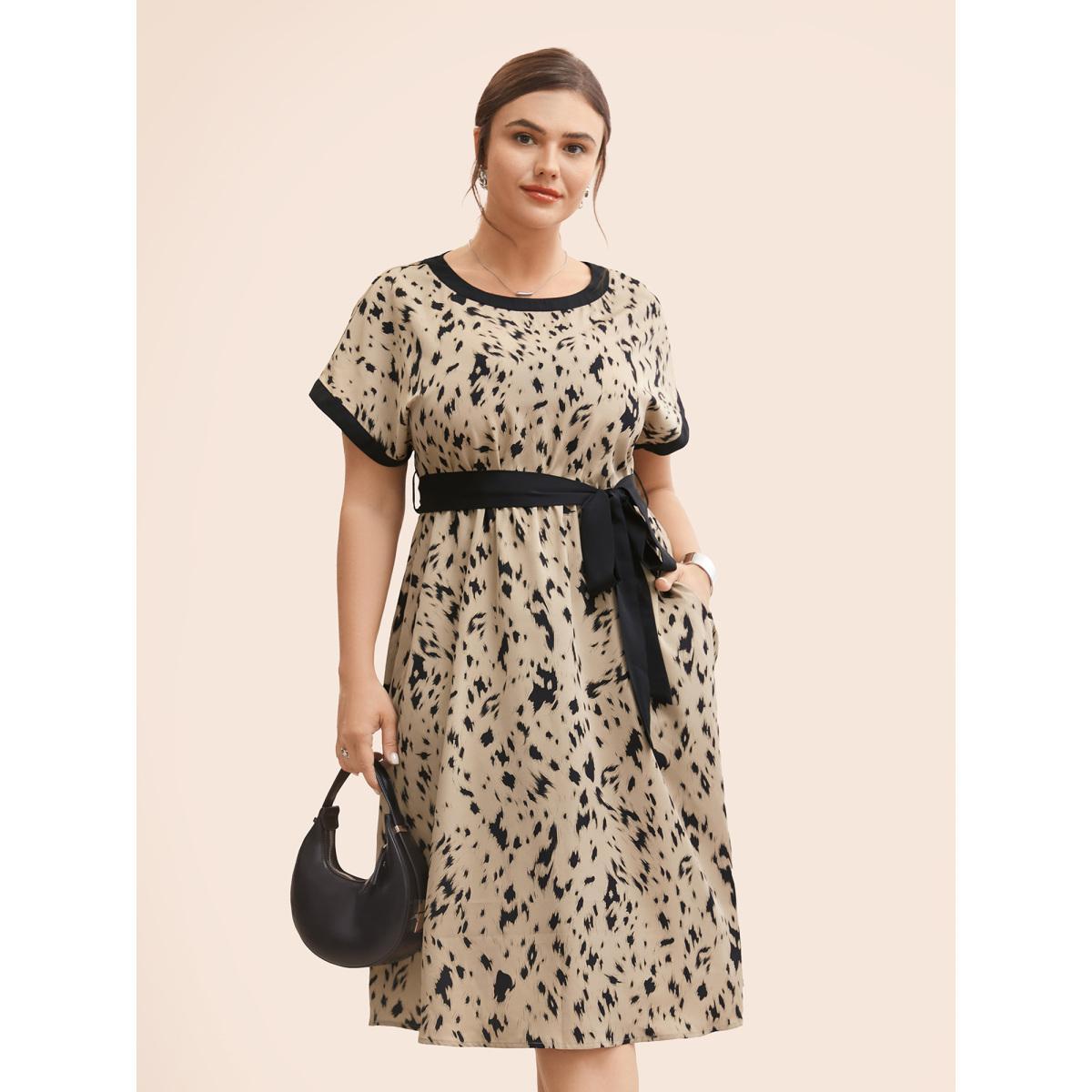 Plus Size Leopard Print Contrast Trim Dolman Sleeve Dress Leopard Women At the Office Belted Round Neck Short sleeve Curvy BloomChic 12/L Product Image